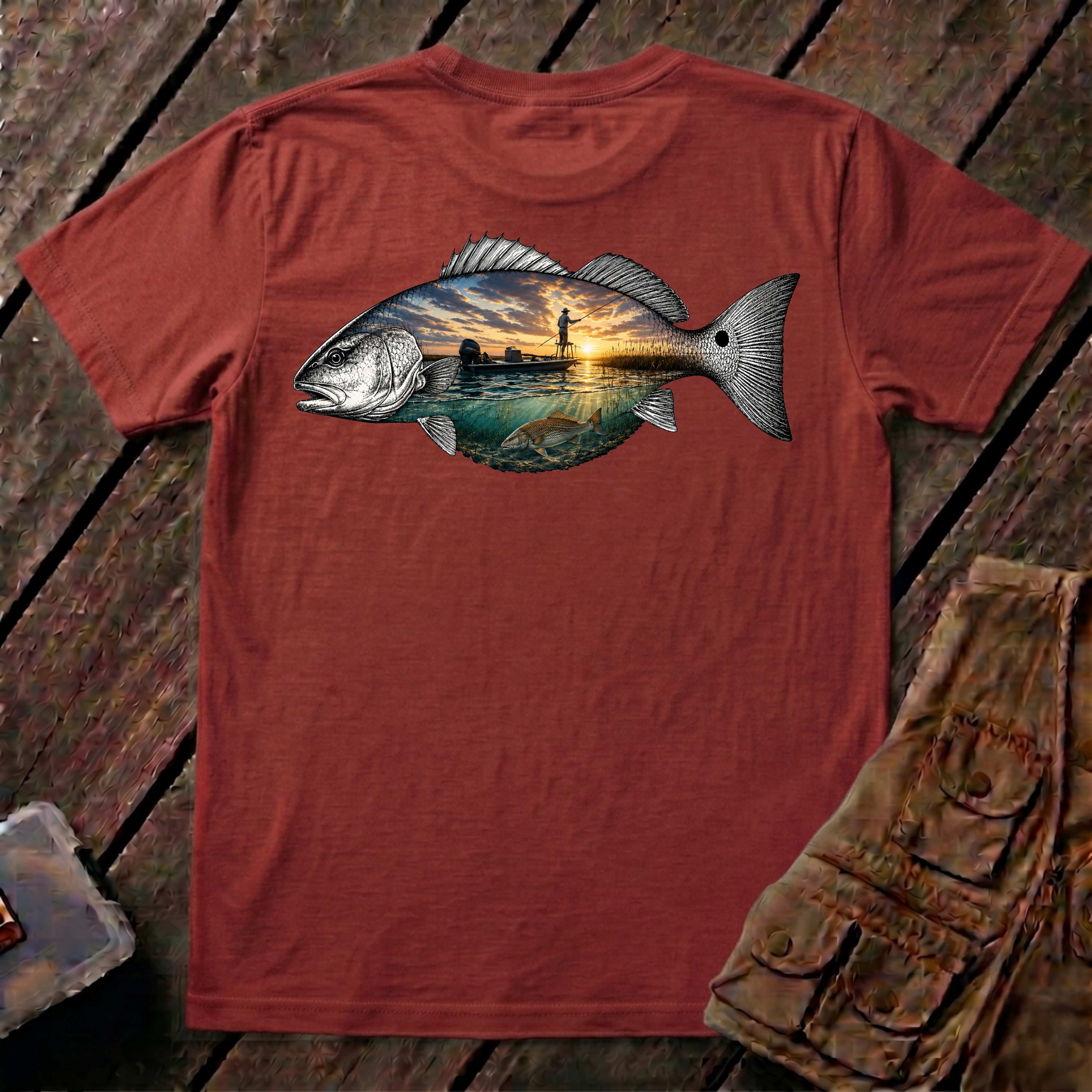 🐟Redfish Sunset Fishing Shirt Back Design