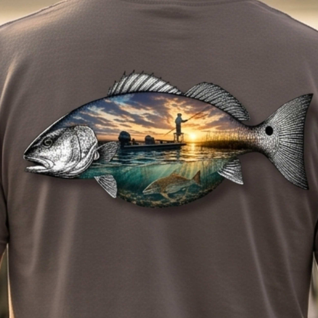 🐟Redfish Sunset Fishing Shirt Back Design