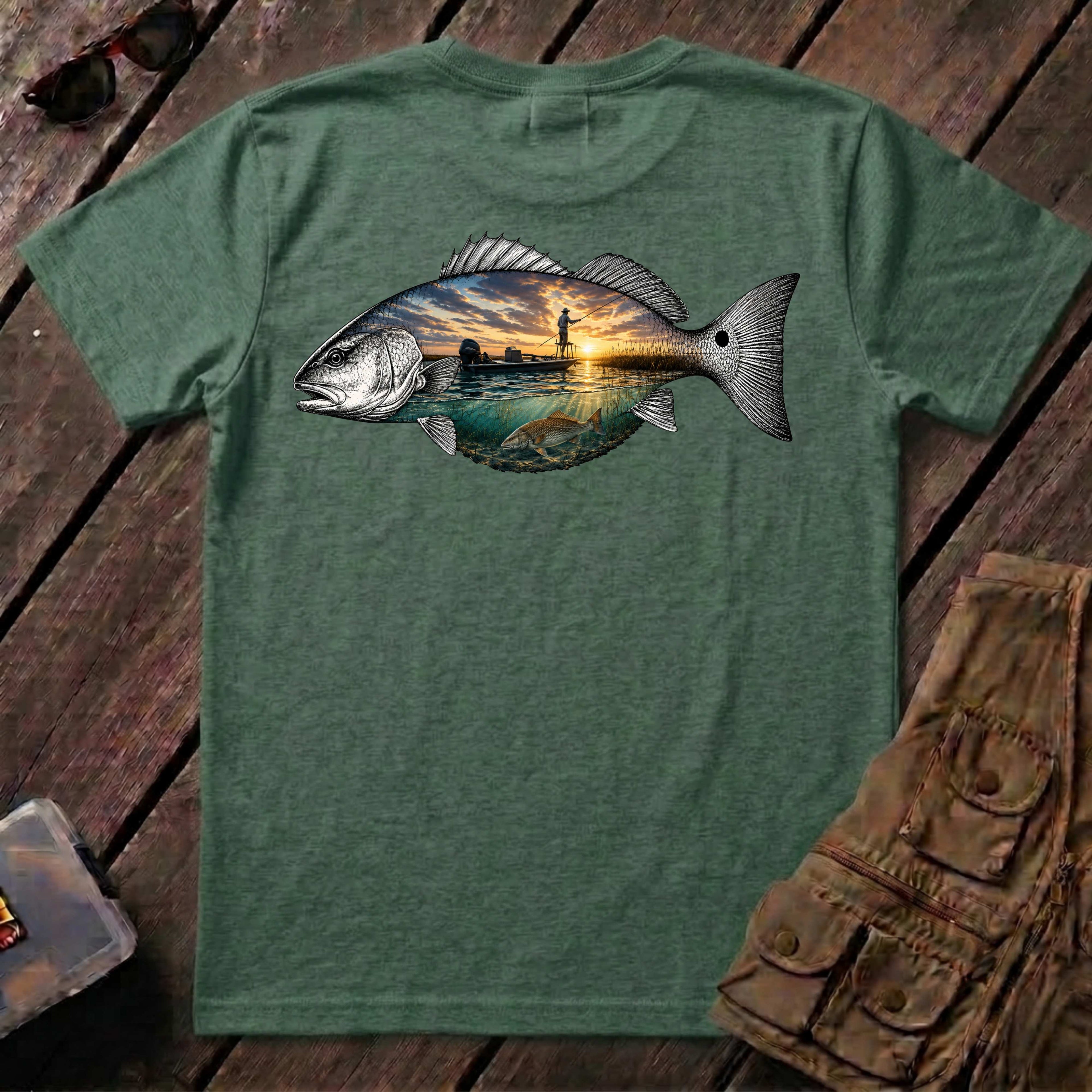 🐟Redfish Sunset Fishing Shirt Back Design