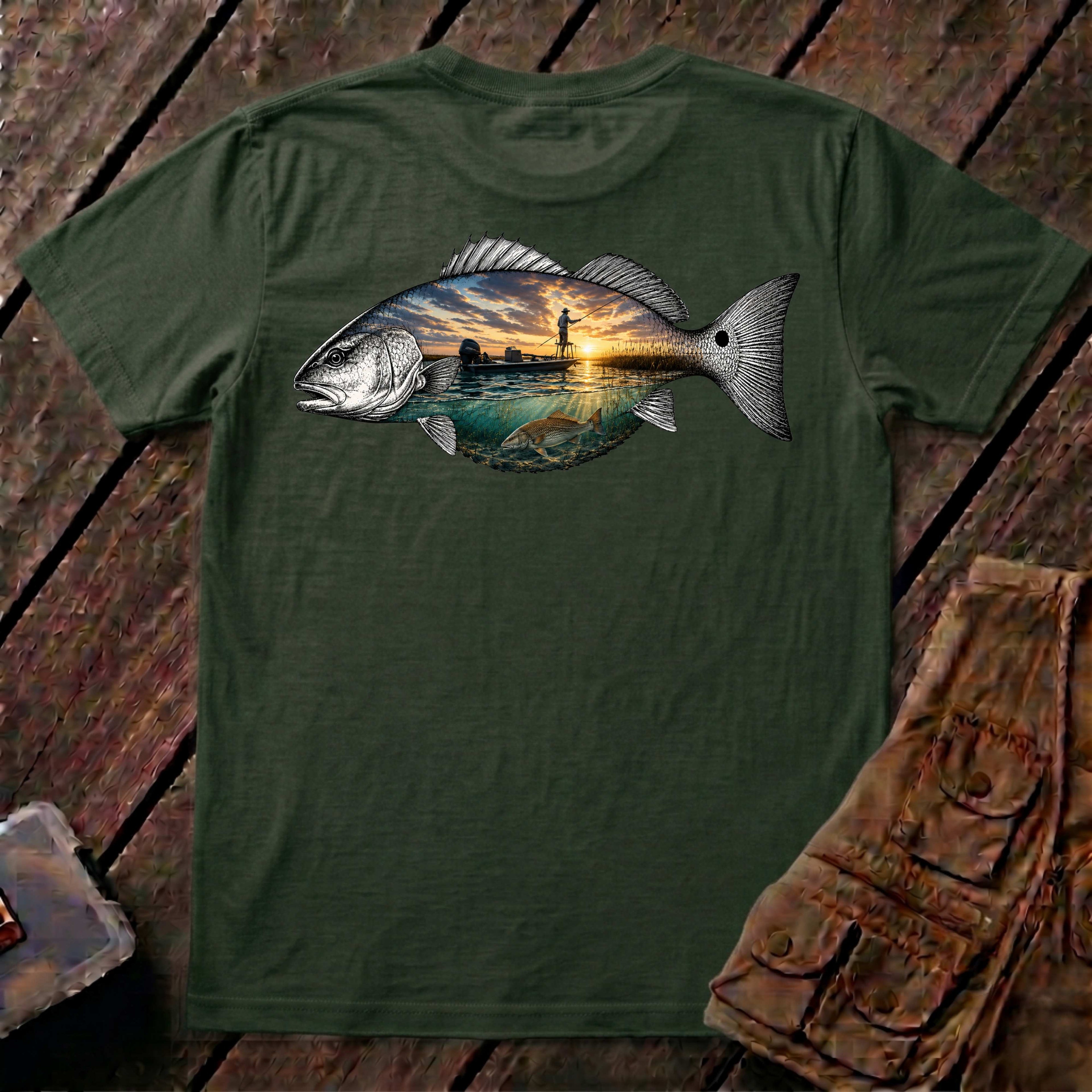 🐟Redfish Sunset Fishing Shirt Back Design