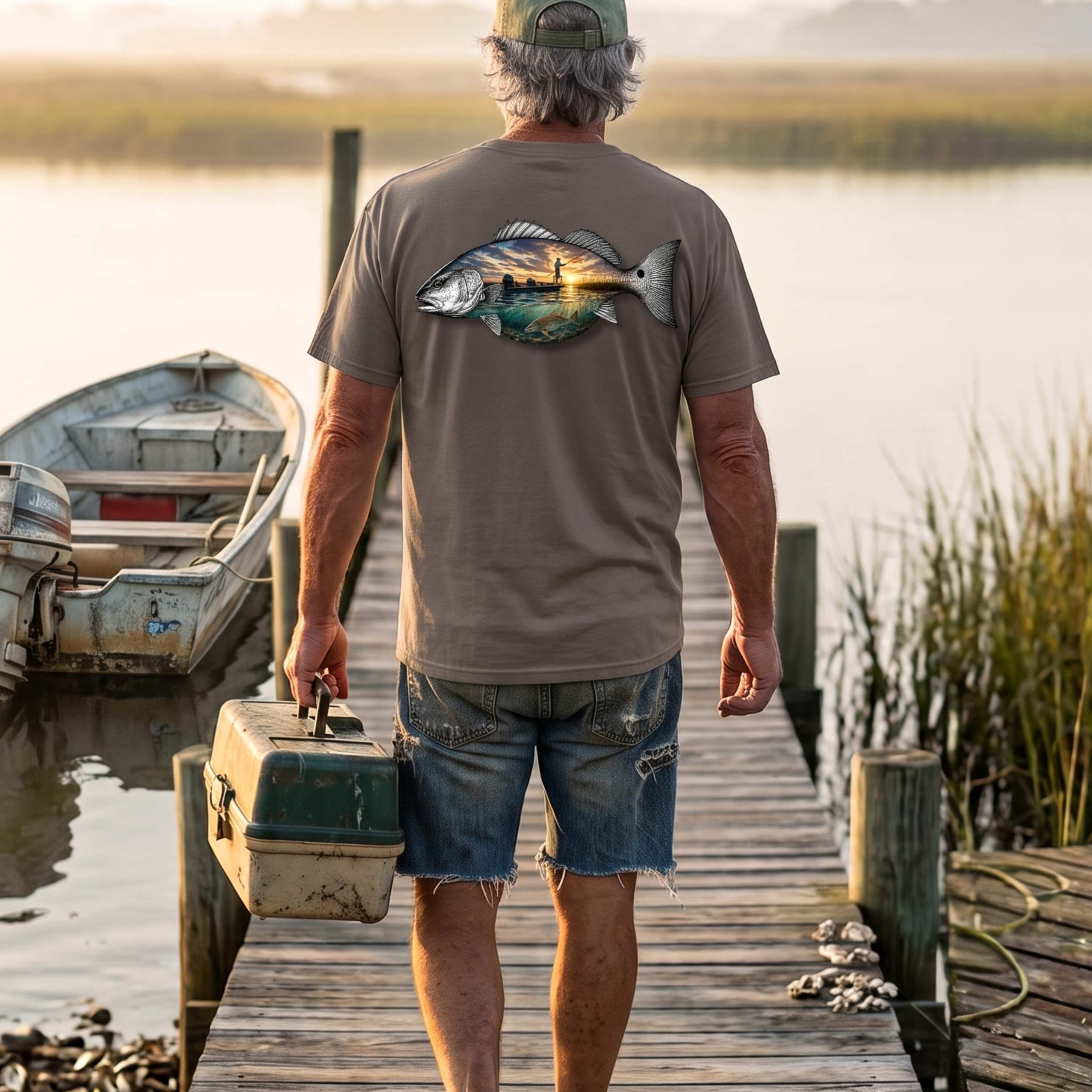 🐟Redfish Sunset Fishing Shirt Back Design